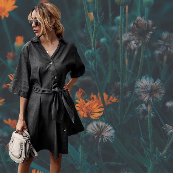 Black Denim Tie Waist Button Down V Neck Dress - Picture 4 of 10